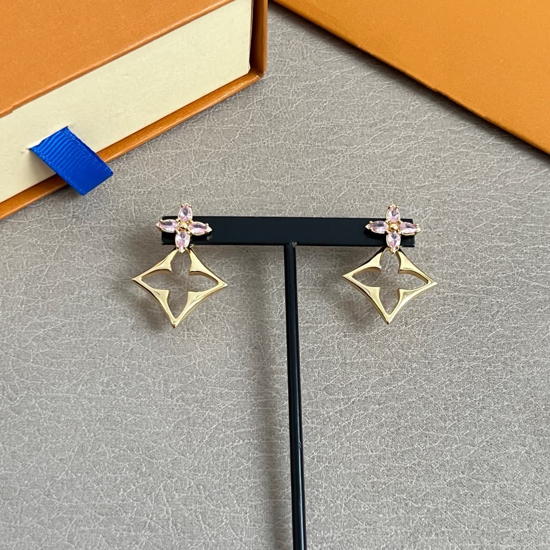 Louis Vuitton Gold Flower Stud Earrings with Pink Stones